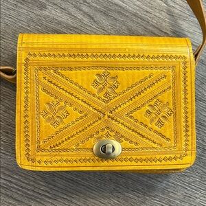 Moroccan Hand Tooled Leather Crossbody Bag Boho Mustard Yellow Handmade